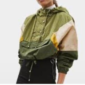 CISONO LA Cropped Hooded Starter Windbreaker Green Neutral Tone Jacket, Large